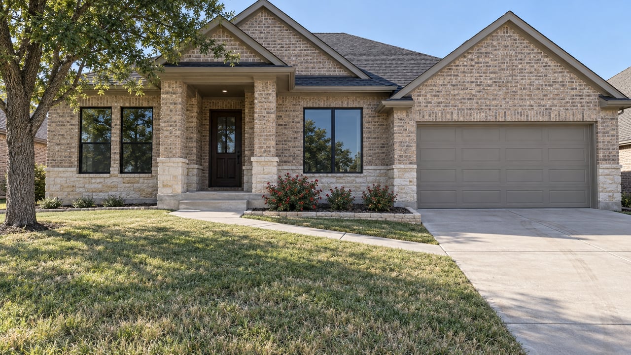 Buff-brick home with dark gabled roof, a shaded front porch, broad concrete driveway and deep lawn beside a cedar elm.