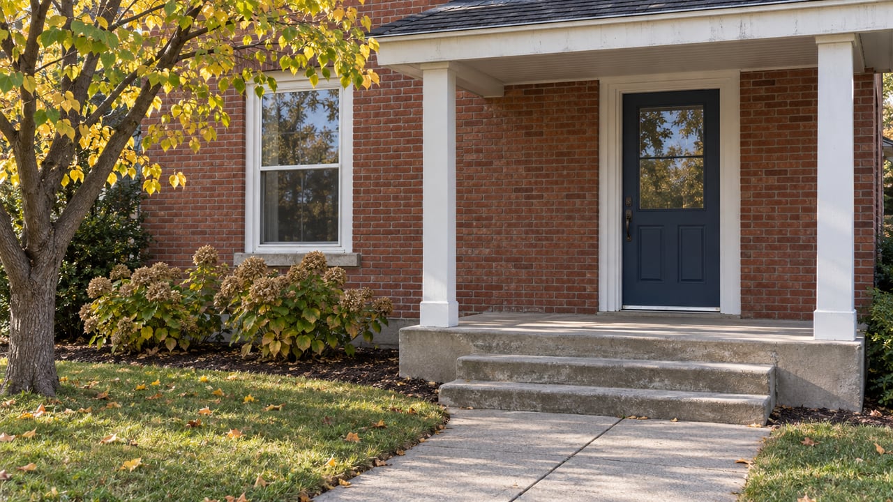 Autumn light on a red-brick home's covered porch, navy front door, concrete steps and yellowing redbud.