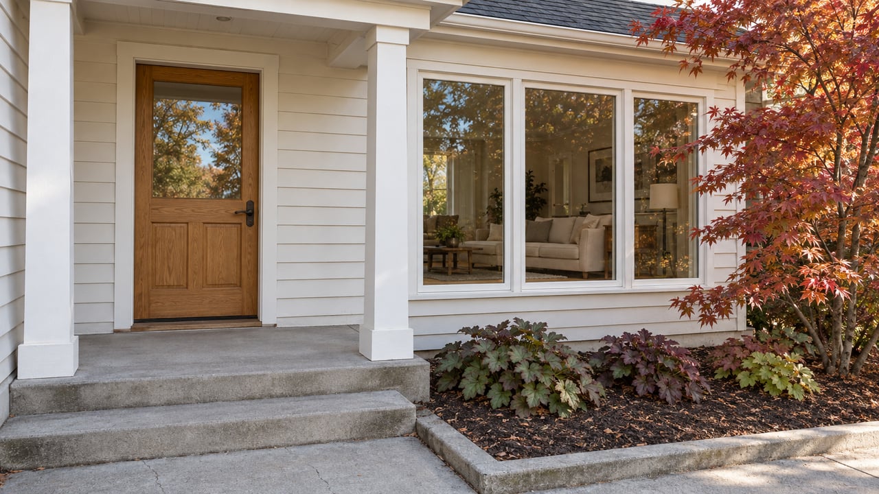 Warm-white wood-sided home with an oak glazed front door, concrete porch steps and a copper-red Japanese maple beside the living-room window.