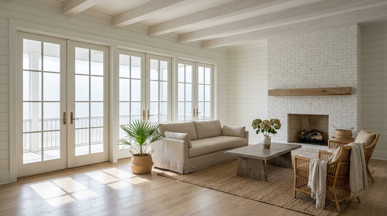 Great room, divided-lite French doors, screened porch, whitewashed brick fireplace, cypress beams, and rattan seating.