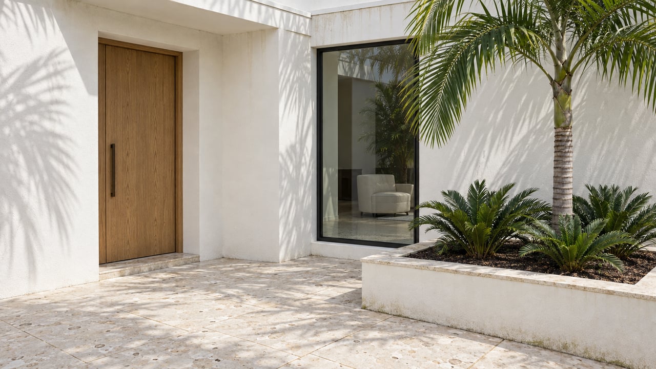 White stucco home entry with an oak door, black-framed window, shell-limestone terrace and a raised planter containing a specimen palm and coontie.