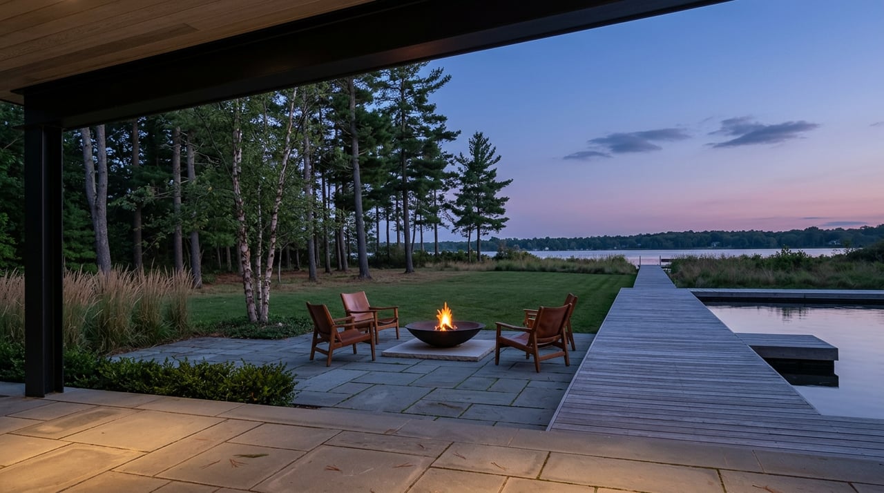 Stone patio with a glowing fire bowl and leather chairs overlooks a pine-lined lawn, dock, and lake at dusk.