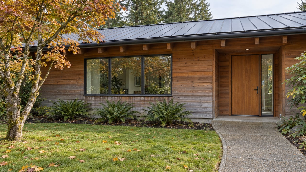 Cedar-clad house with a sheltered timber entry, broad windows and an autumn maple beside a deep front lawn.