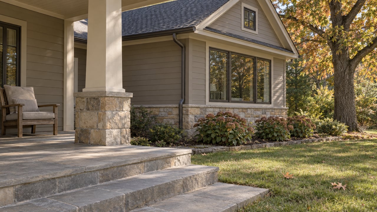 Sandstone porch and steps beside a taupe-sided gabled home, with a teak chair, autumn oak foliage and a stone-bordered planting bed.