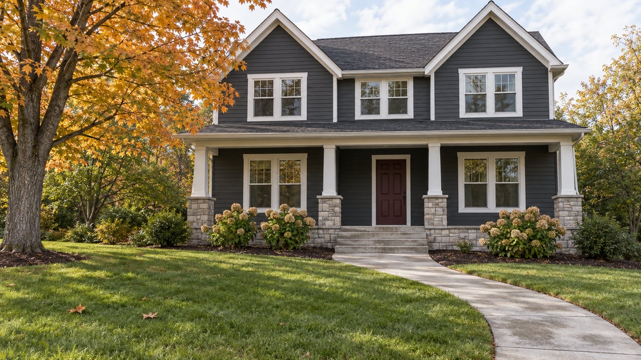 Charcoal-sided home with white trim, a covered limestone-based porch, broad lawn and an amber sugar maple in autumn daylight.