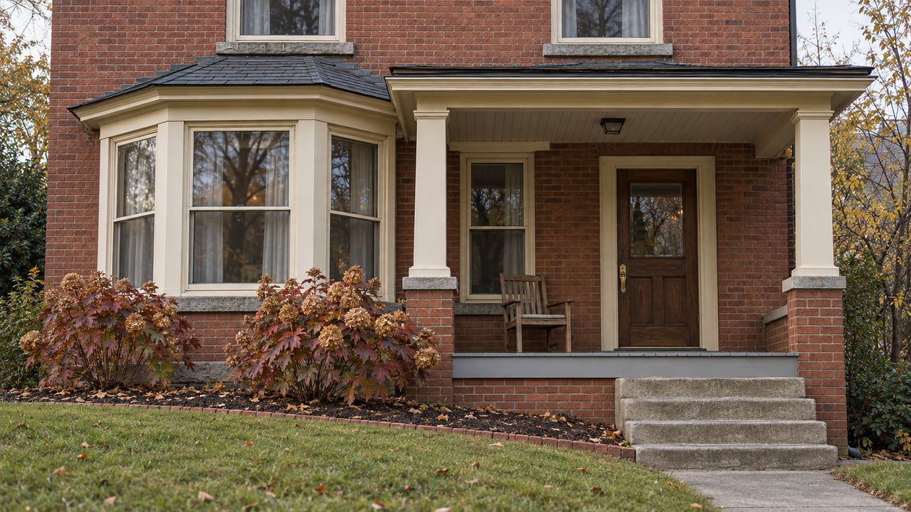 Autumn light on a red-brick home's ivory-trimmed porch, window bay, and short concrete approach beside burgundy oakleaf hydrangeas.