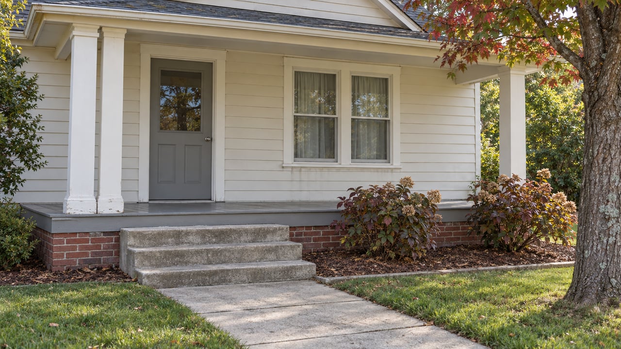 White-sided house with a covered porch, gray front door, and concrete steps beneath autumn foliage.