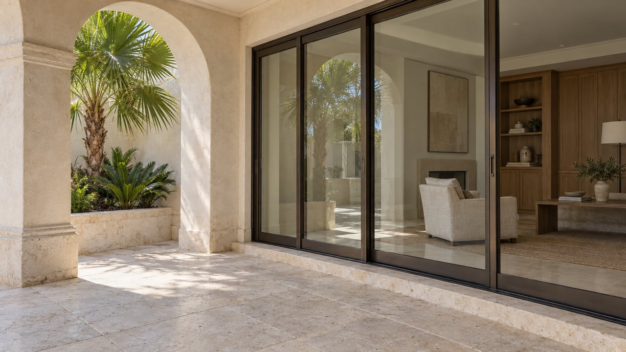 Limestone villa loggia with a broad arch, bronze-framed glass doors, and fan palms in a planter.