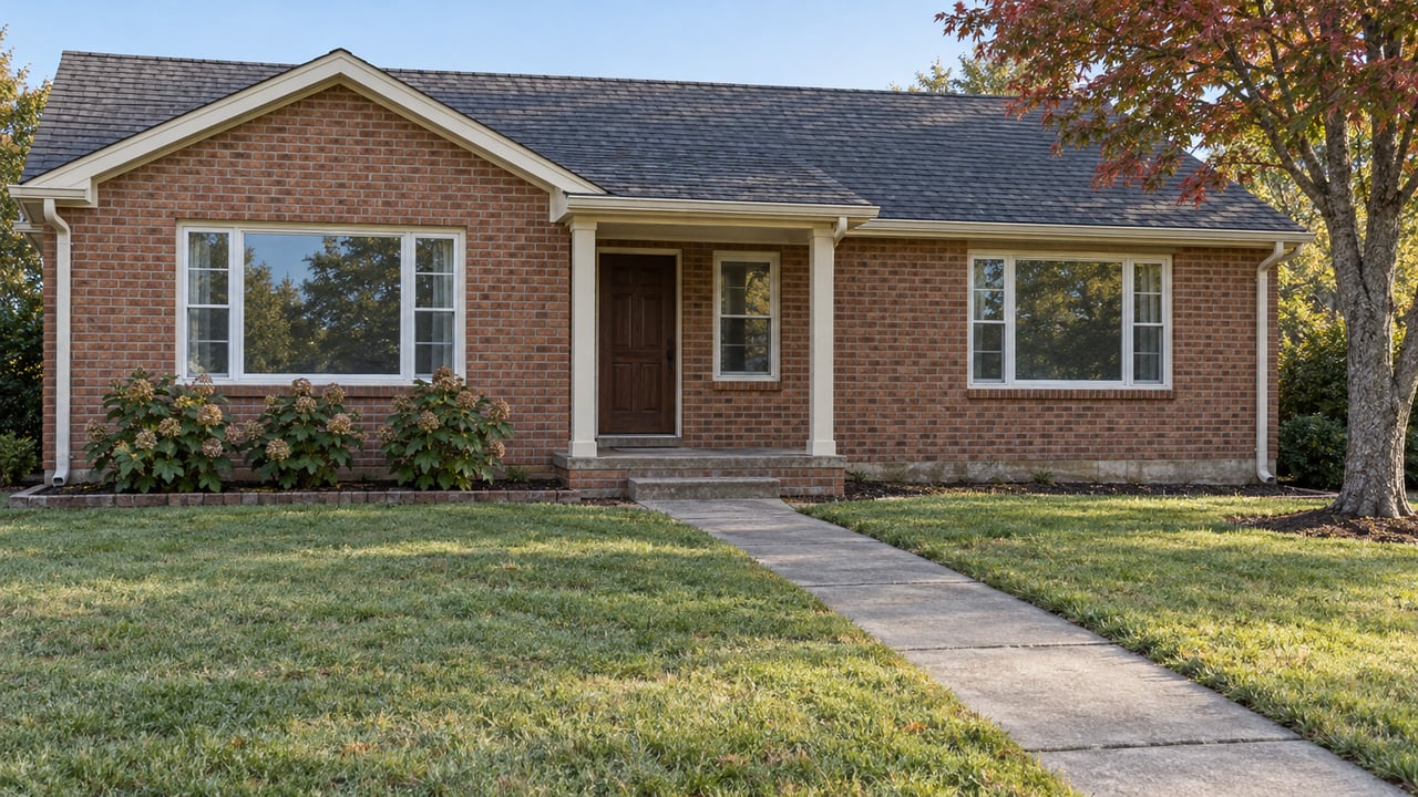 A modest single-story brick home behind a broad lawn, with a concrete front approach, sheltered entry and a mature red maple.