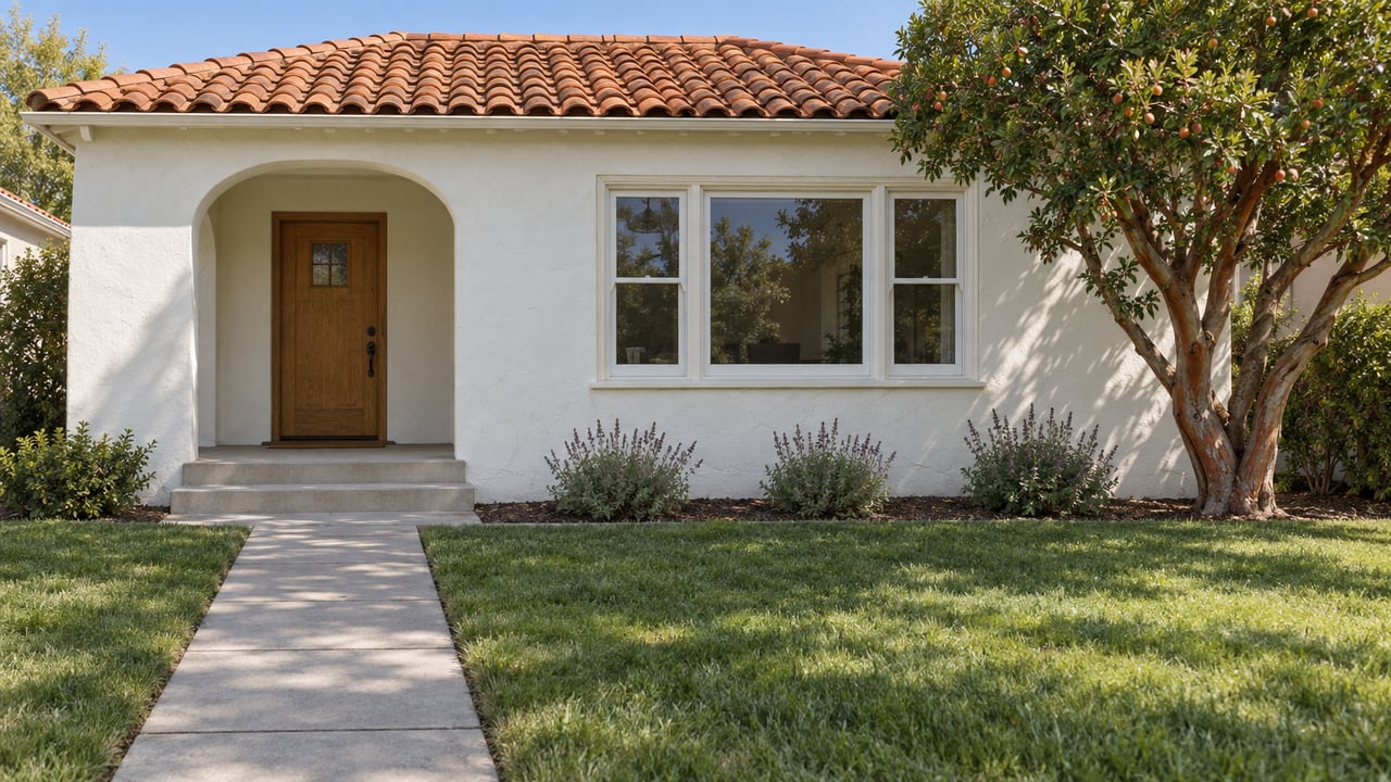 Warm-white stucco house with a red clay tile roof, recessed arched entry and concrete walk through a small front lawn.