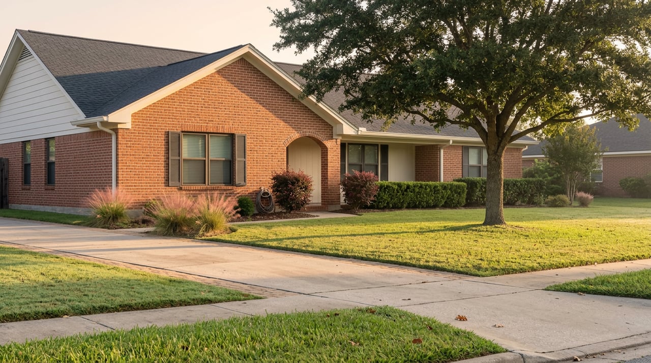 Single-story red-brick home with an arched porch, broad-canopied live oak, and paver-edged driveway.