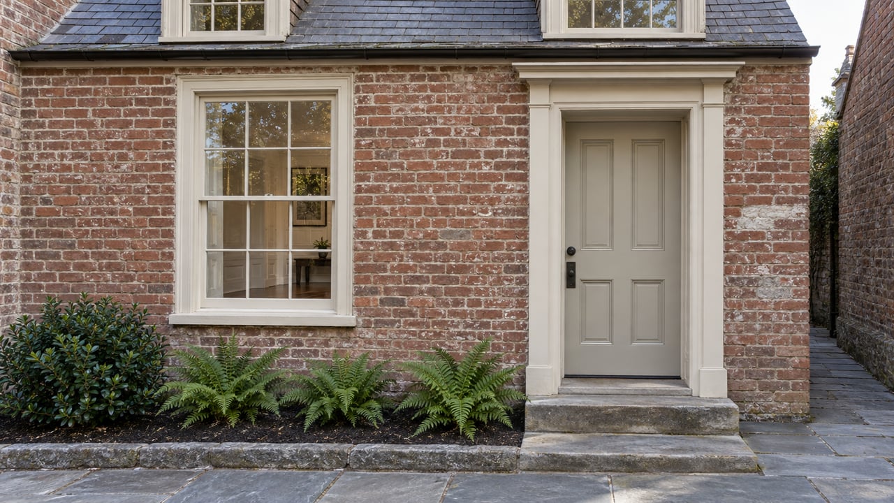Weathered red-brick house with ivory-trimmed windows, a recessed paneled door, and ferns beside the stone approach.