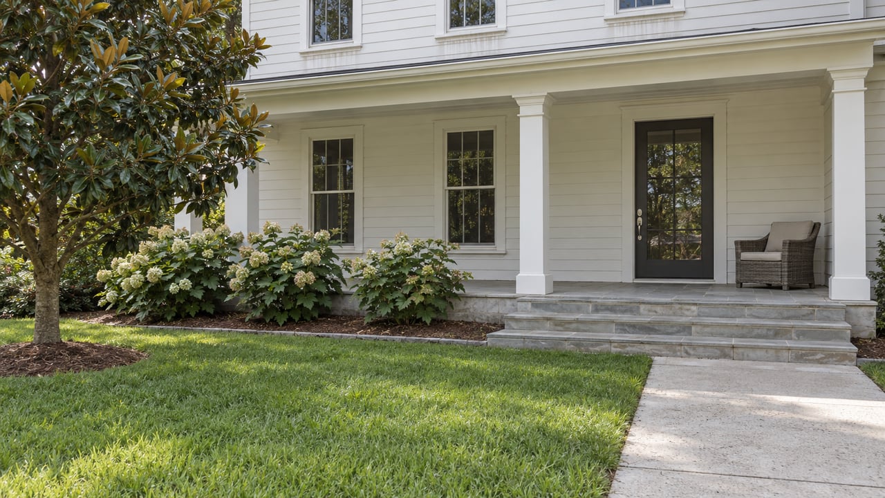 White wood-sided home with a deep covered porch, pale stone steps, and a front lawn bordered by oakleaf hydrangeas and a magnolia.