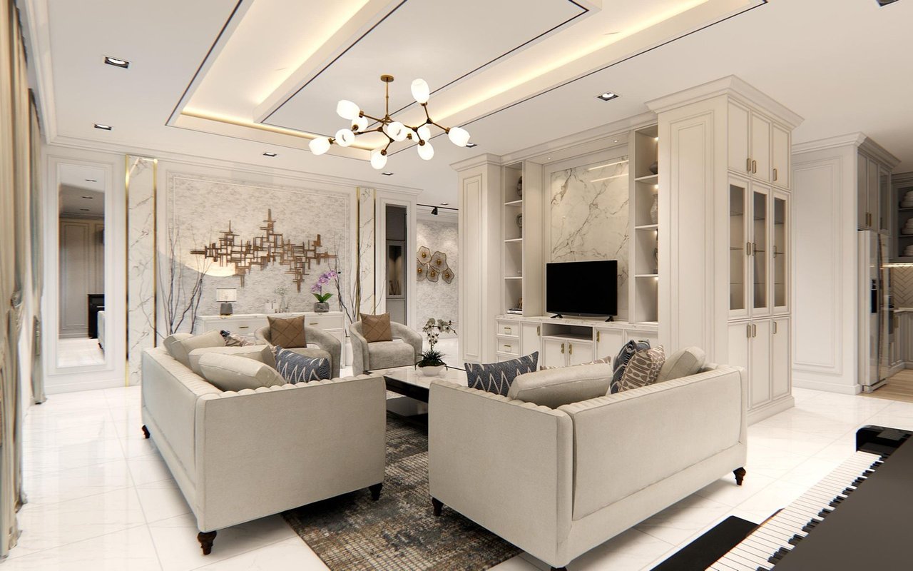 Elegant living room with cream sofas, marble wall panels, built-in cabinetry, and a grand piano.
