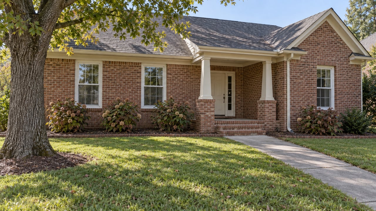Sunlit brick home with a covered front porch, a deep green lawn, and an established white oak beside the approach.