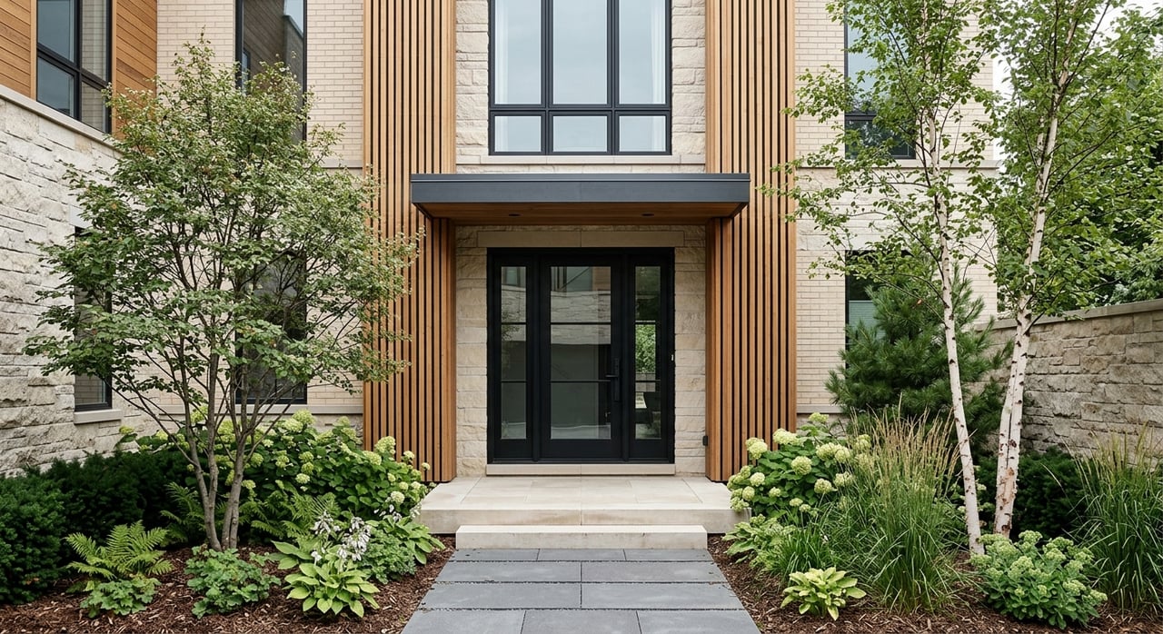Townhome entry with limestone, pale brick, cedar slats, black glass door, and charcoal canopy.