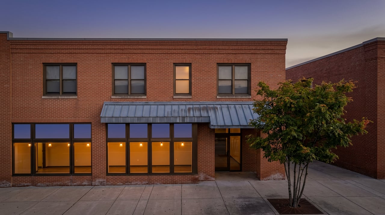 Two-story brick corner storefront with amber-lit windows, a metal canopy, and a sidewalk tree beneath an indigo dusk sky.