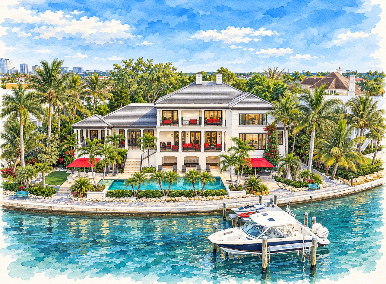 Waterfront home with a large pool, palm-lined grounds, and a boat docked out front.