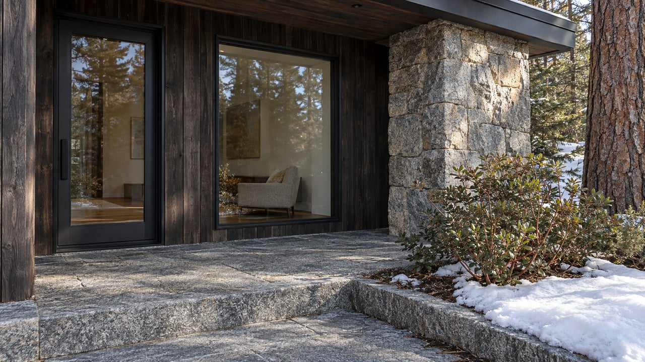 Winter sunlight crosses a granite entry landing beside dark cedar siding, enclosed glass doors, and snow around a red-branched shrub and mature pine.