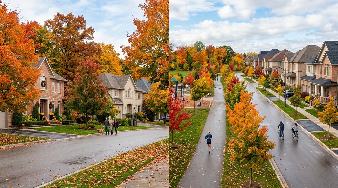 Oakville residential streets lined with homes and colorful autumn trees, with people walking and cycling.