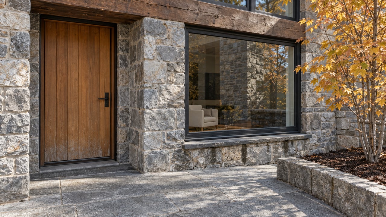 Autumn light on a cedar entry door, weathered stone facade and black-framed window beside a single small maple.