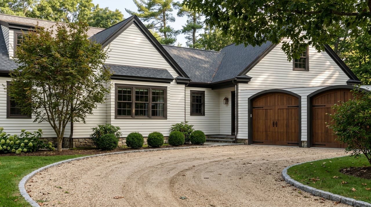 Estate driveway beside a clapboard and fieldstone carriage wing with carriage doors beneath mature trees.
