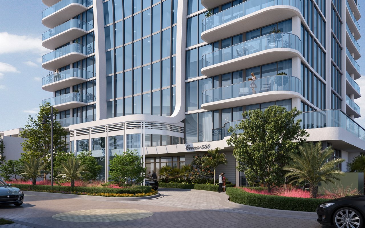 Ocean 580 arrival and porte-cochère rendering with landscaped frontage.