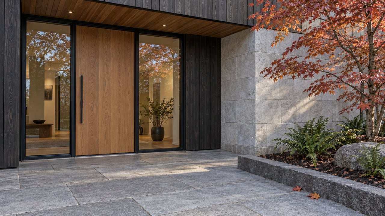Autumn light on a cedar and pale-stone home entrance, with a closed oak door, glazed sidelights and copper-red maple leaves beside a granite terrace.
