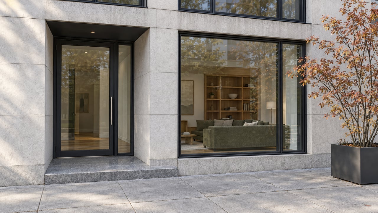 Close view of a limestone residential entrance and black-framed living-room glazing, with a stone landing and one autumn serviceberry in a planter.