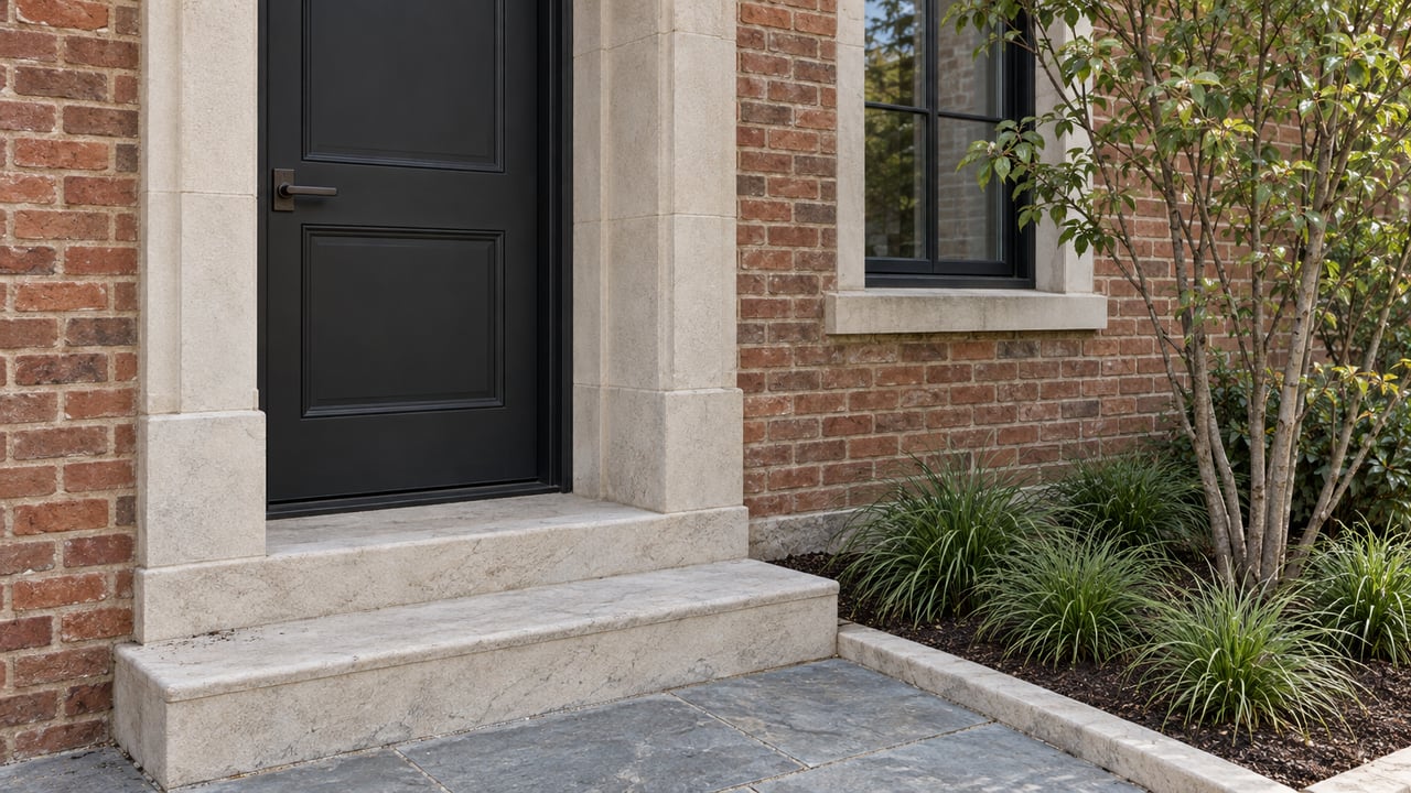 Townhouse entry with a dark door in a limestone recess, brick facade, broad steps, and a small planted bed.