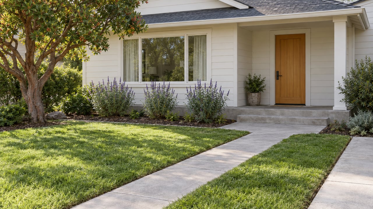 Sunlit white-sided home with a timber front door, concrete entry steps and a deep green front lawn.