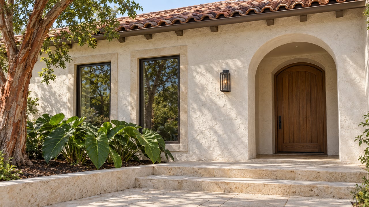 Cream stucco villa with an arched timber entrance, paired bronze-framed windows, weathered terracotta roof and limestone steps beside a peeling copper-colored tree trunk.