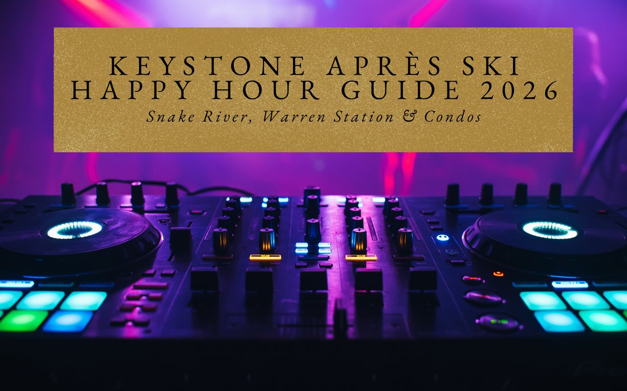 Warren Station après event with DJ booth, ski films projected, happy hour cocktail specials board.