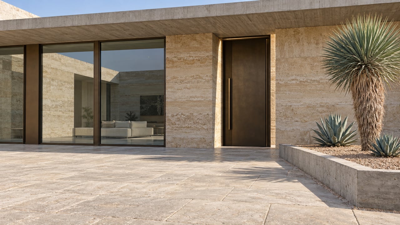 Low horizontal stone home with bronze glazing and a recessed entrance across a limestone arrival court, beside a raised gravel bed with a sculptural yucca and two agaves.