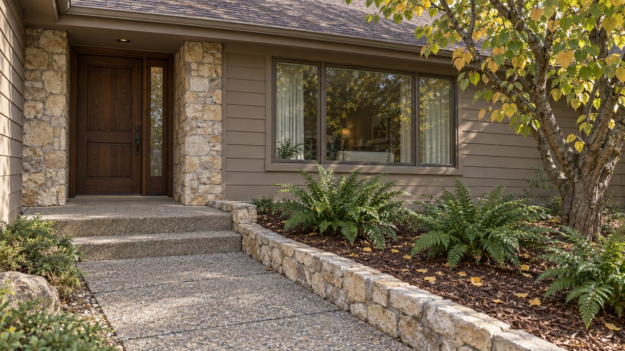 A wooded home's oak front door and broad window above a concrete entry approach edged with limestone and a yellowing redbud.