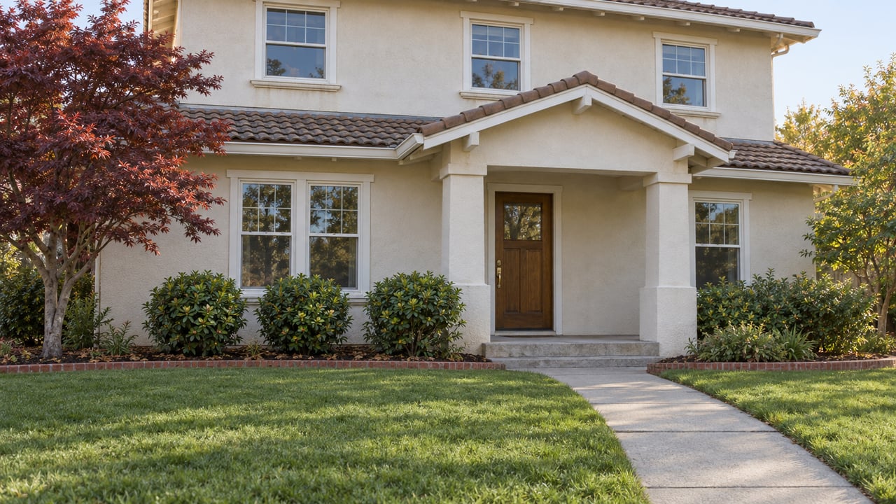 An ivory stucco home with a tiled roof, shaded front porch, deep lawn and a burgundy Japanese maple in clear autumn light.