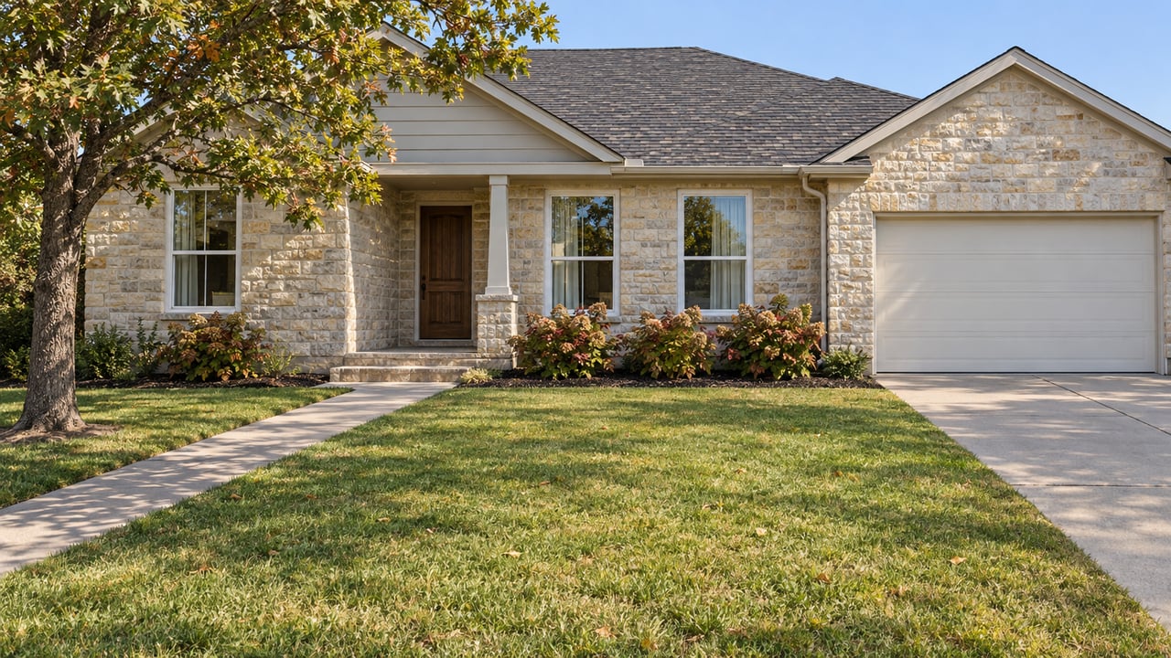 A maintained stone and lap-sided home with front gables, a shaded lawn, oak tree and concrete approach in early autumn light.