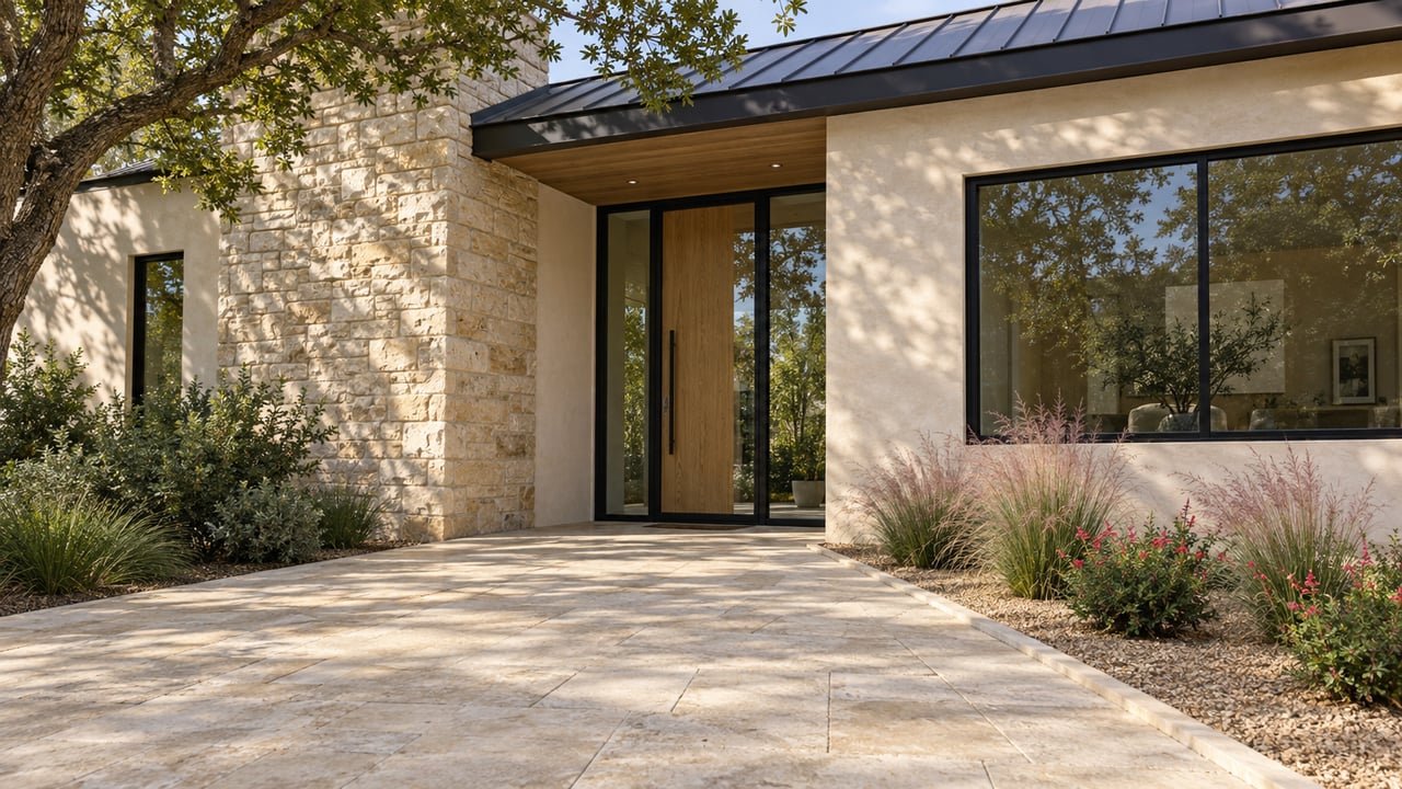 Contemporary home entry with a recessed glass door, limestone pier, broad paver approach, and oak canopy.