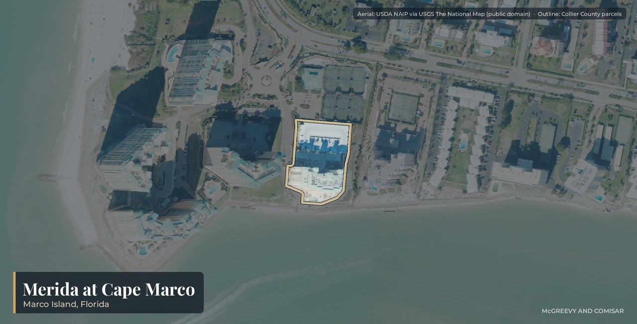 Aerial view of Merida on Marco Island, Florida, the 1992 tower at 990 Cape Marco Drive at the southern tip of gated Cape Marco