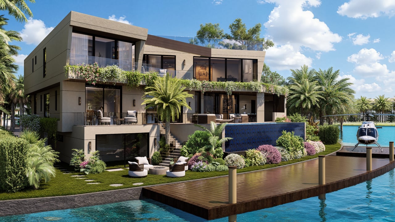 Modern waterfront home with a pool, private dock, and helicopter beside the water.