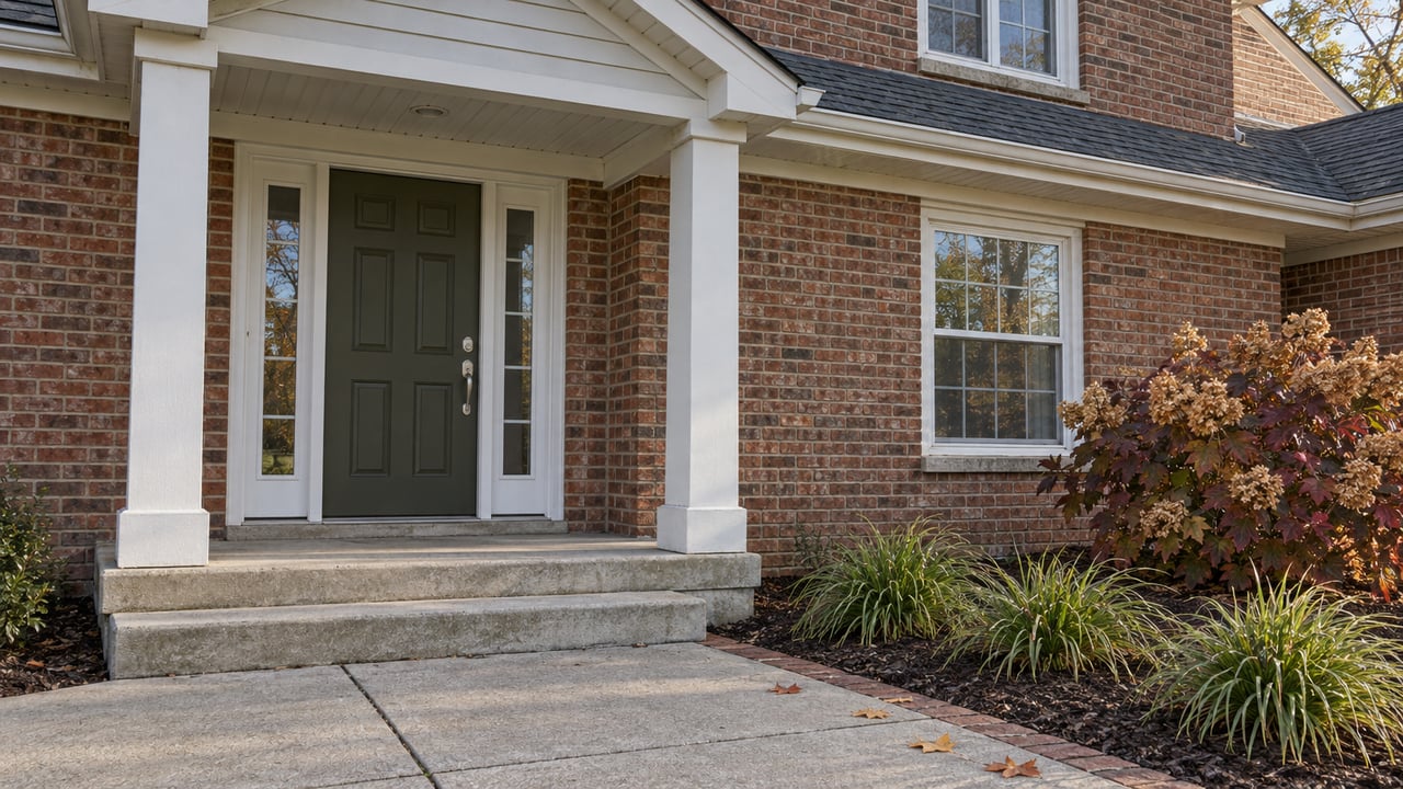 Brick home entry with an olive front door, paired sidelights, concrete steps and autumn oakleaf hydrangea.