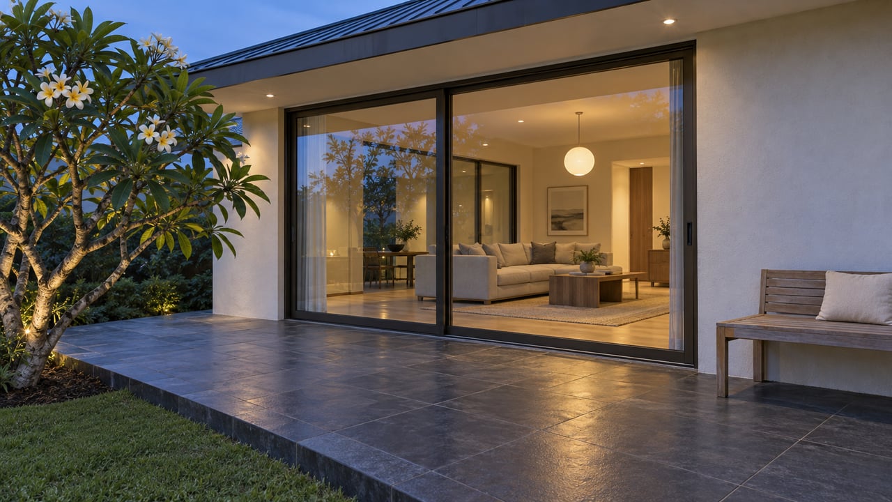 Modern home at dusk with a tiled patio, flowering plumeria tree, and warmly lit living room.