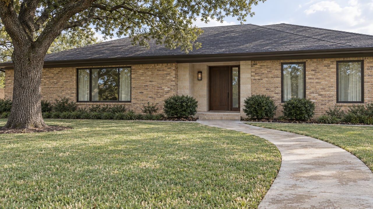 Broad buff-brick ranch with a low charcoal roof, walnut entry, curving concrete walk and deep lawn beneath a mature bur oak.
