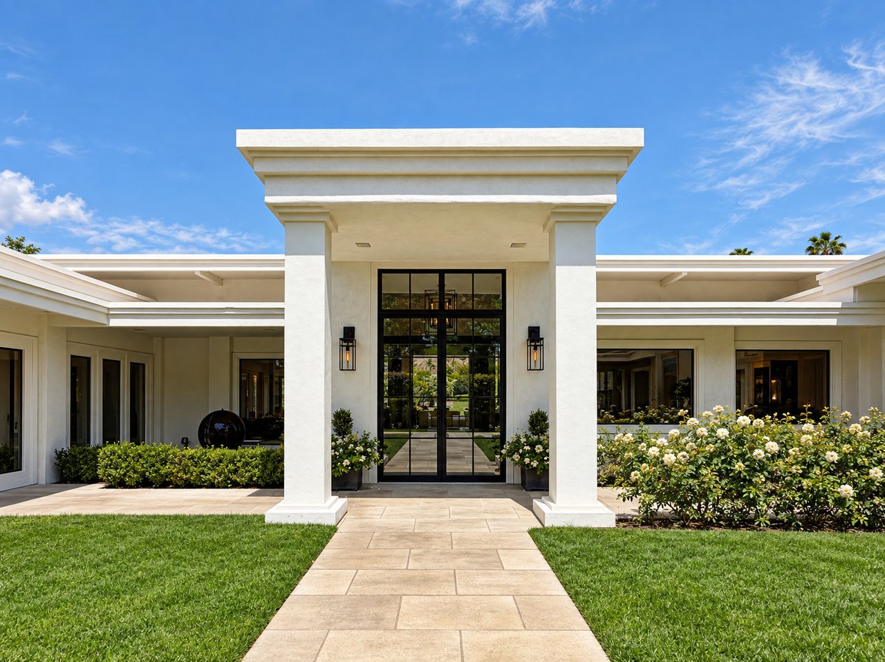 Modern white home with a prominent glass entry, flowering shrubs, and a stone walkway.