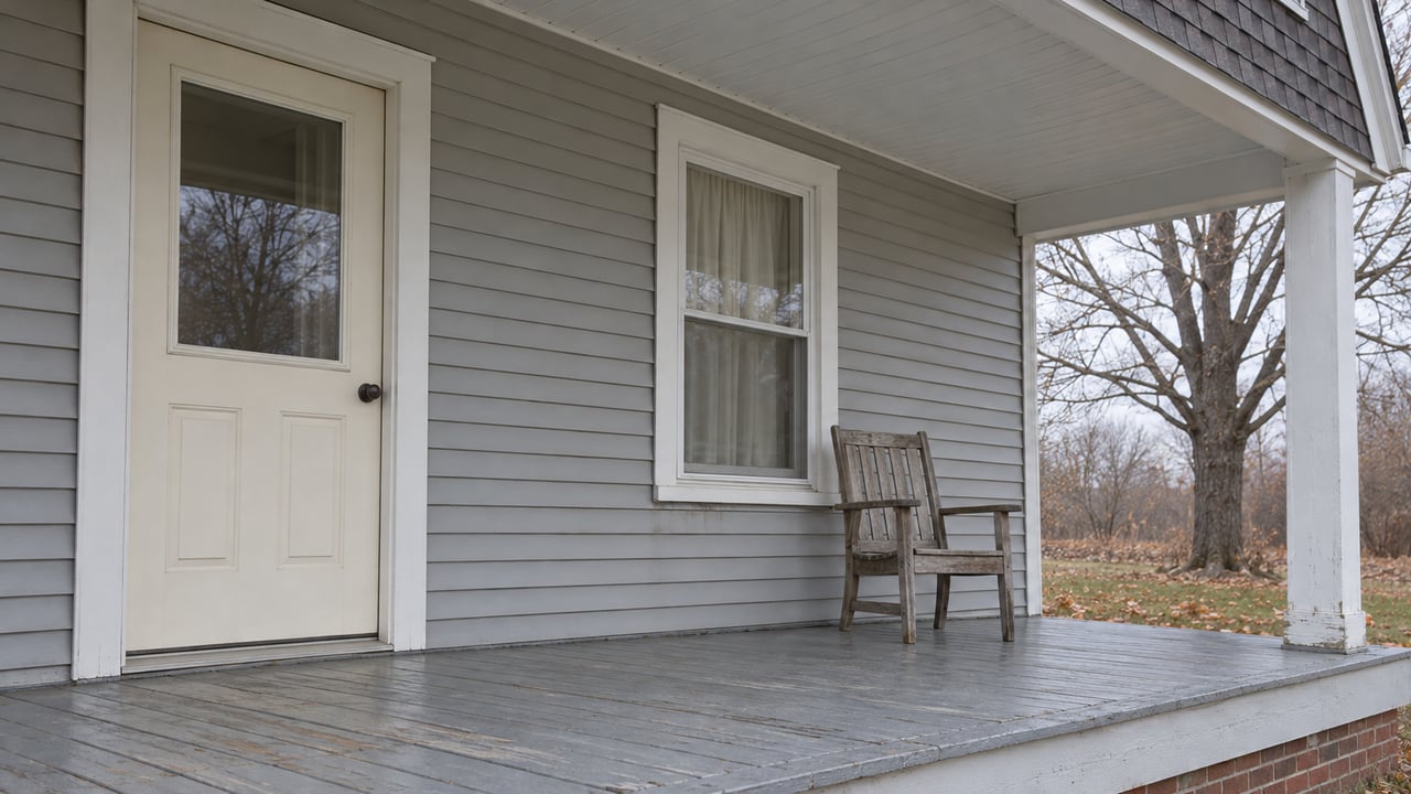 A modest gray-sided cottage porch with a closed cream door, white-trimmed window and weathered wooden chair in cool late-autumn daylight.