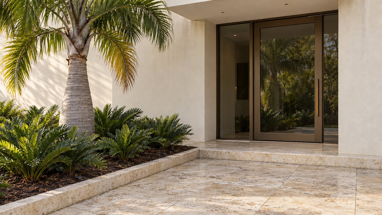 Cream stucco home entrance with bronze-framed glass, pale limestone paving and a sculptural palm in a curbed planting bed.