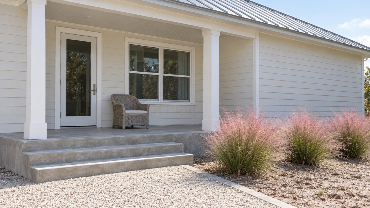 Light-sided cottage porch with a metal roof, broad concrete steps, shell-aggregate path and pink muhly grass.