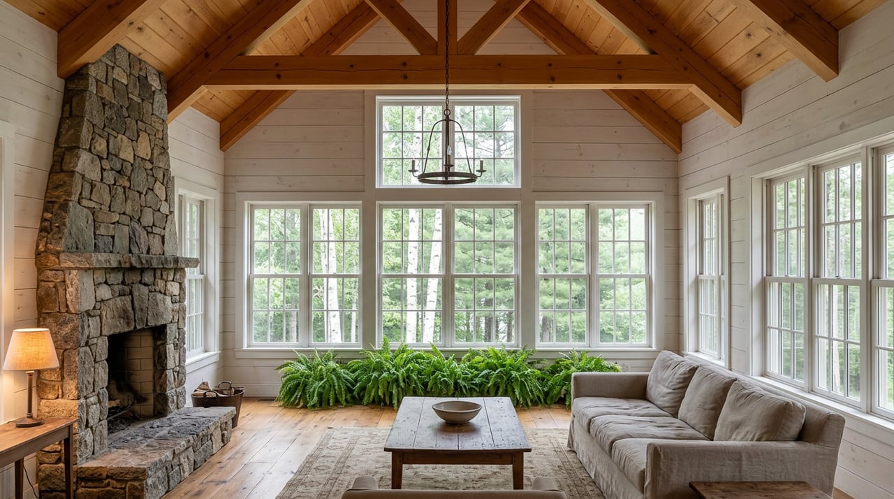 Great room with timber trusses, fieldstone fireplace, and tall windows backed by birch and pine.