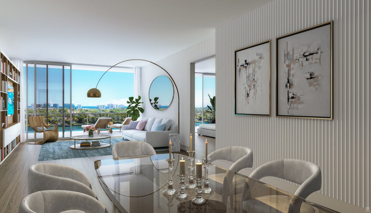 Rendering of upper penthouse 807 living and dining at La Baia South in Bay Harbor Islands.