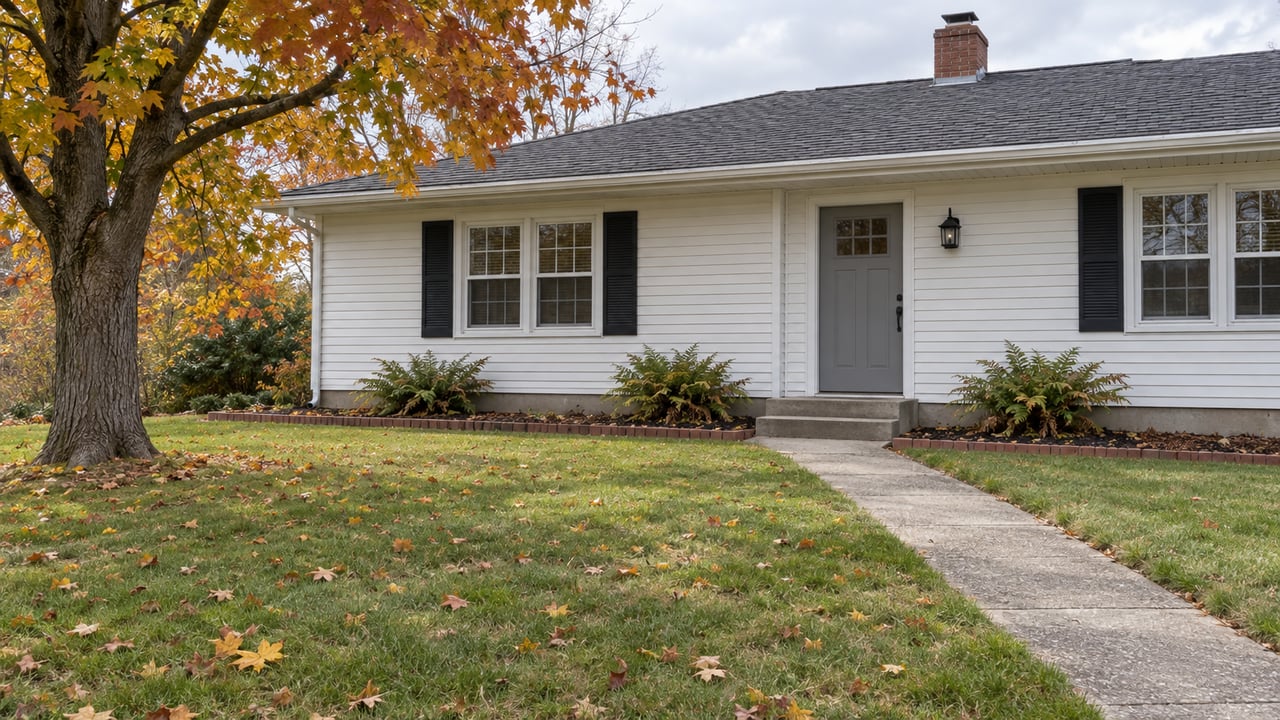 A modest white-sided ranch behind a deep autumn lawn, with a concrete front walk and an amber-leaved maple.